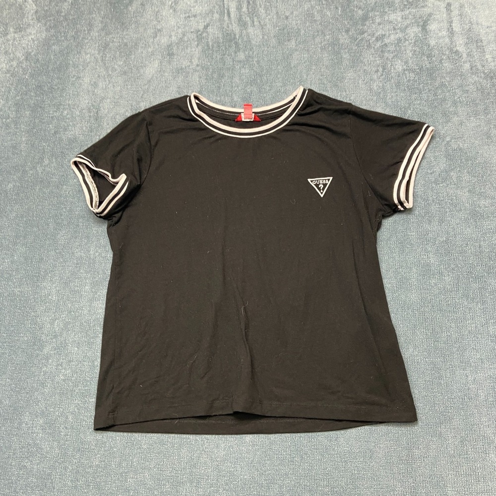 Guess Ringer T Shirt Womens XL Black White Crew Neck Logo Cap Sleeve Casual